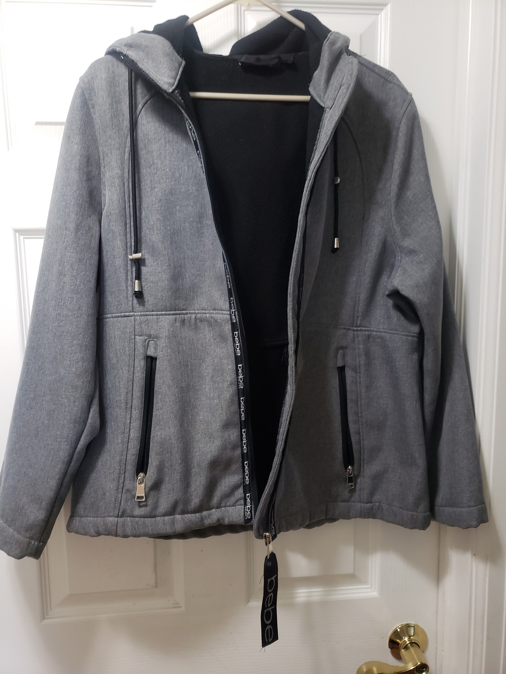 bebe Womens Light Gray Hooded Zip Jacket with Black Lining